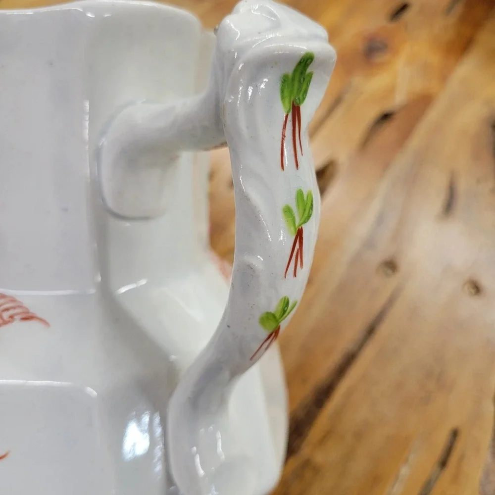 Antique Pitcher Jug Octagon Shape Cobalt Blue Orange Green Ceramic Floral 8 Side
